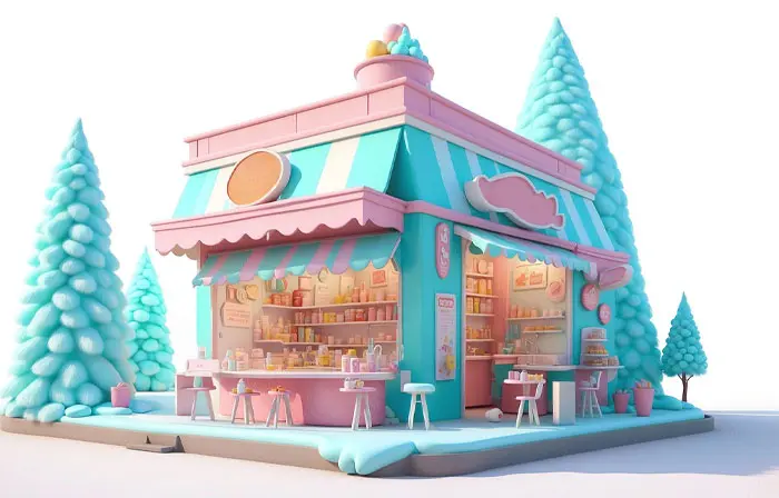 A Candy Colored Pastry Shop Snowy Pines 3D Illustration image